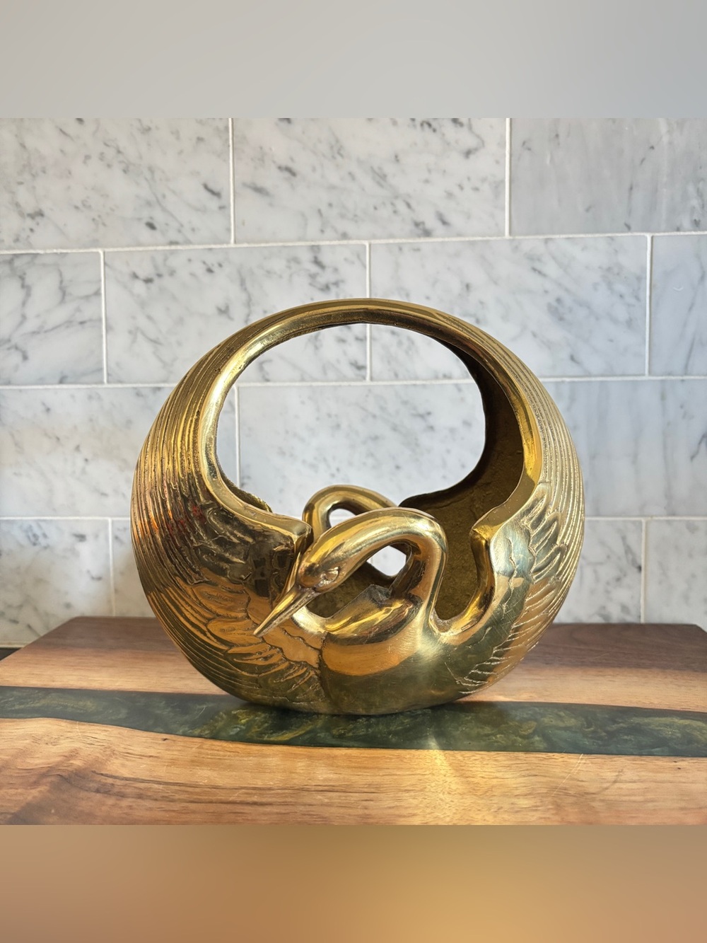 Vintage Mid Century Art Deco Style Brass Swan Basket Planter